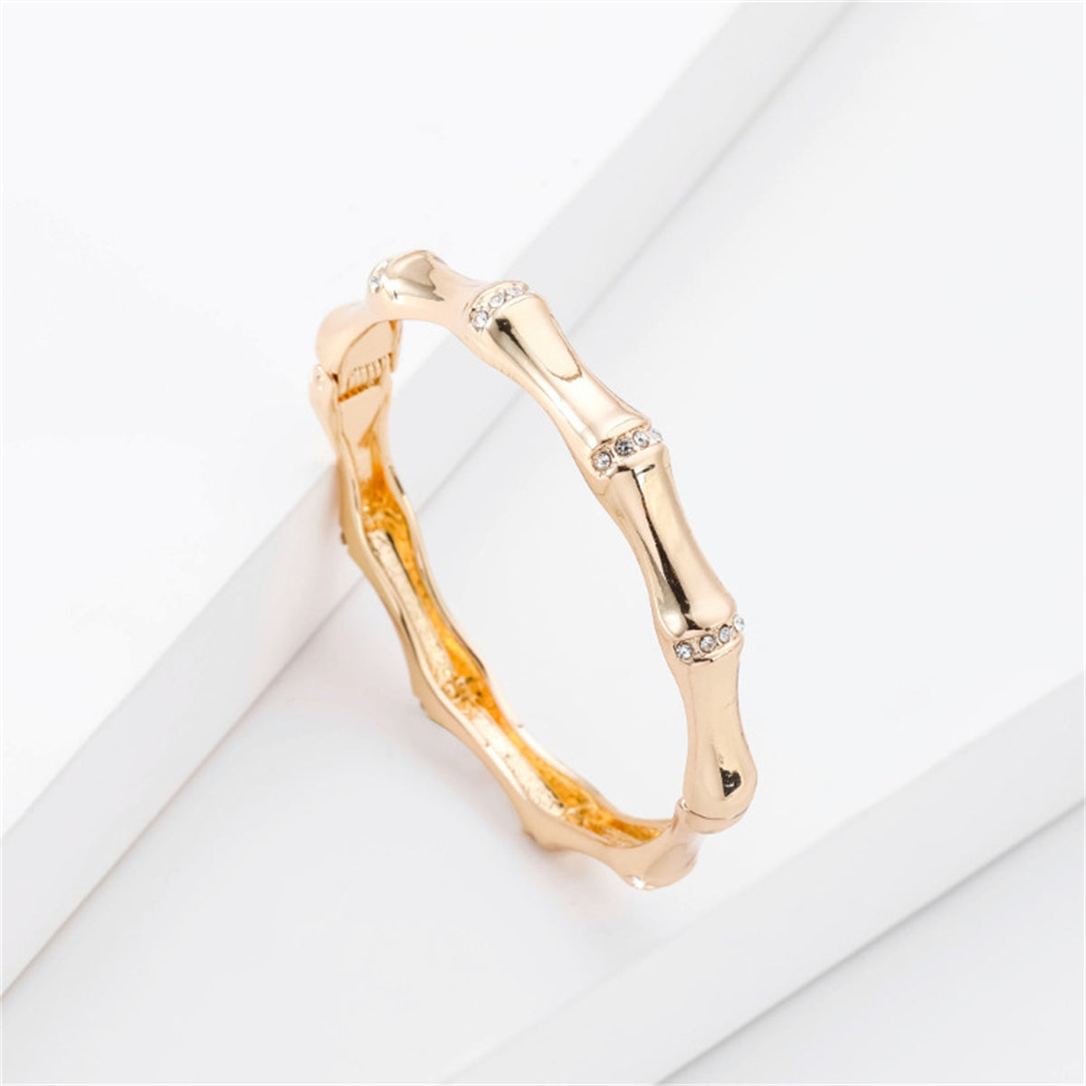 Cubic Zirconia and 18K Gold-Plated Bamboo Bangle, gold bangle bracelet, dainty minimalist design, side view