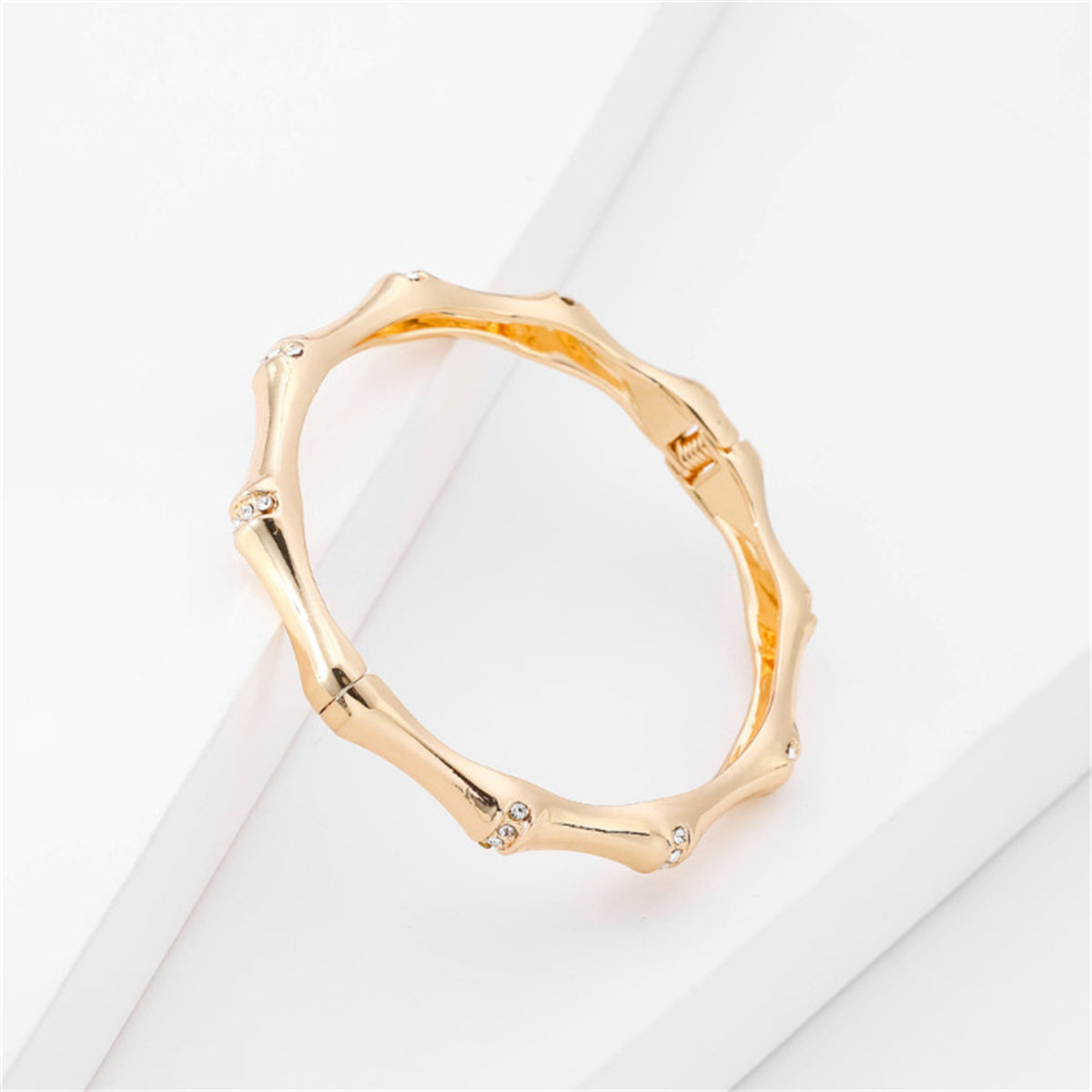 Cubic Zirconia and 18K Gold-Plated Bamboo Bangle, gold bangle bracelet, dainty minimalist design, detail close-up