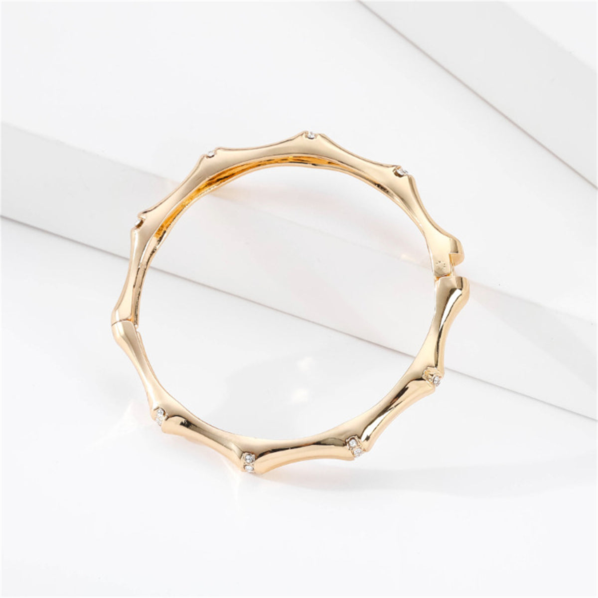 Cubic Zirconia and 18K Gold-Plated Bamboo Bangle, gold bangle bracelet, dainty minimalist design, lifestyle look