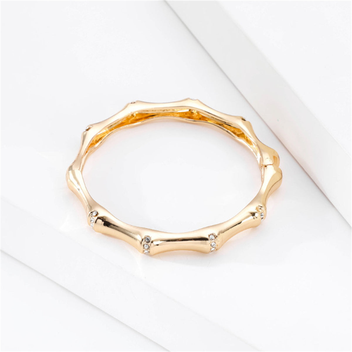 Cubic Zirconia and 18K Gold-Plated Bamboo Bangle, gold bangle bracelet, dainty minimalist design, styled look
