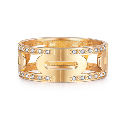 Cubic Zirconia and 18K Gold-Plated Lock Bangle, gold bangle bracelet, everyday style, front view