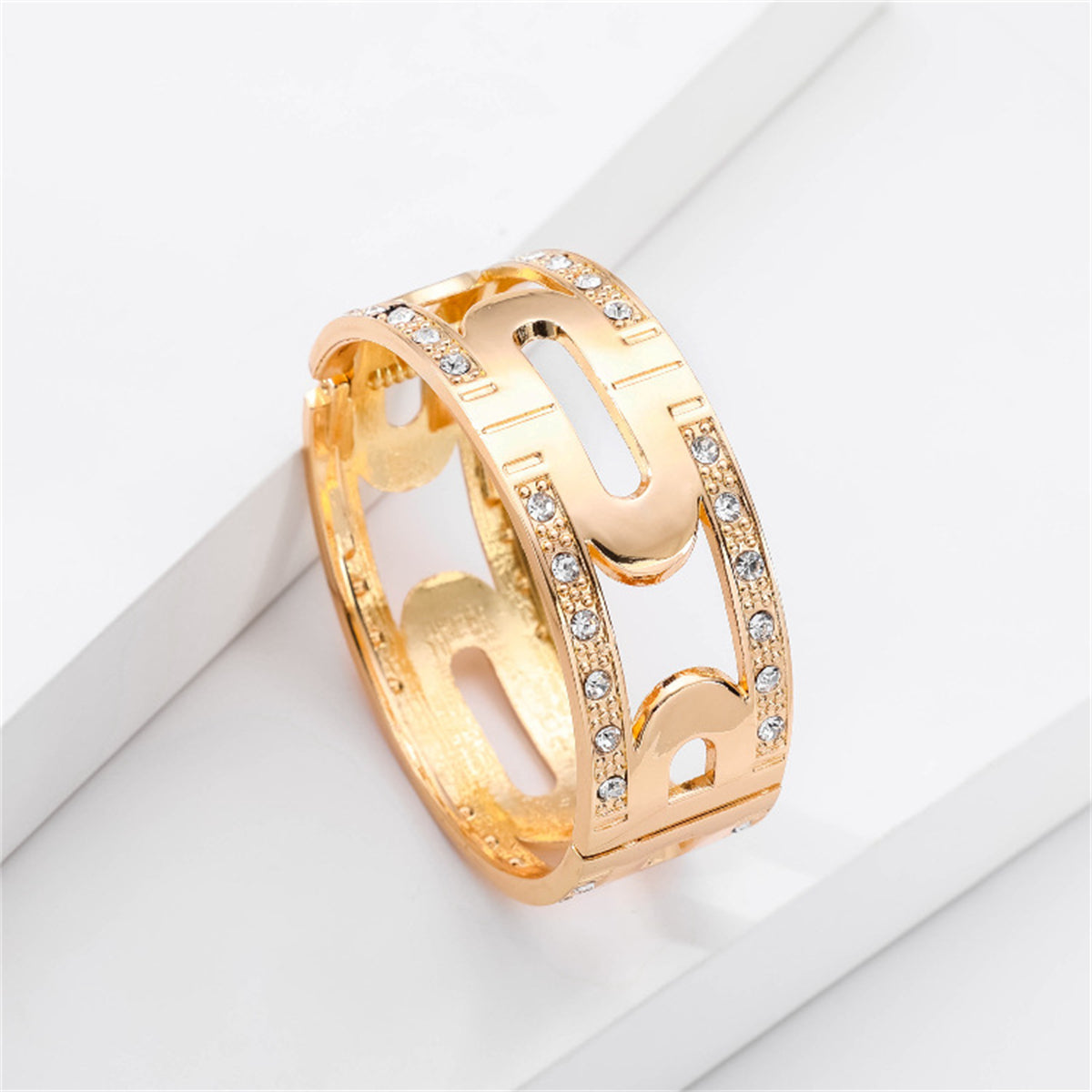 Cubic Zirconia and 18K Gold-Plated Lock Bangle, gold bangle bracelet, everyday style, side view