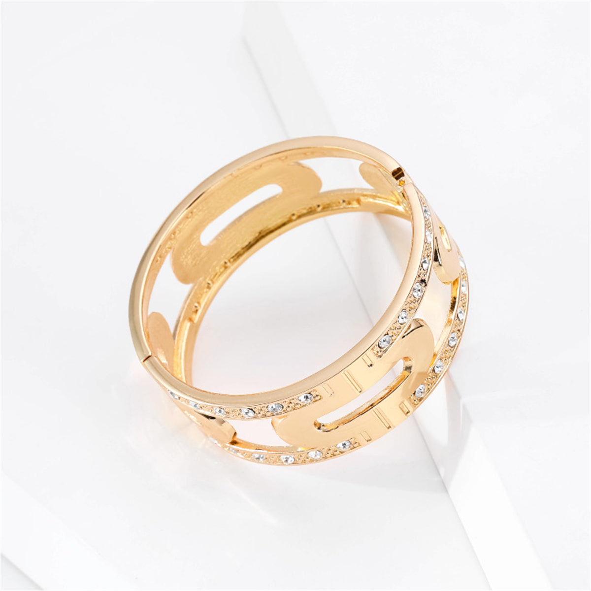 Cubic Zirconia and 18K Gold-Plated Lock Bangle, gold bangle bracelet, everyday style, detail close-up