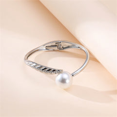 White Pearl & Cubic Zirconia Silver-Plated Leaf Hinge Bangle