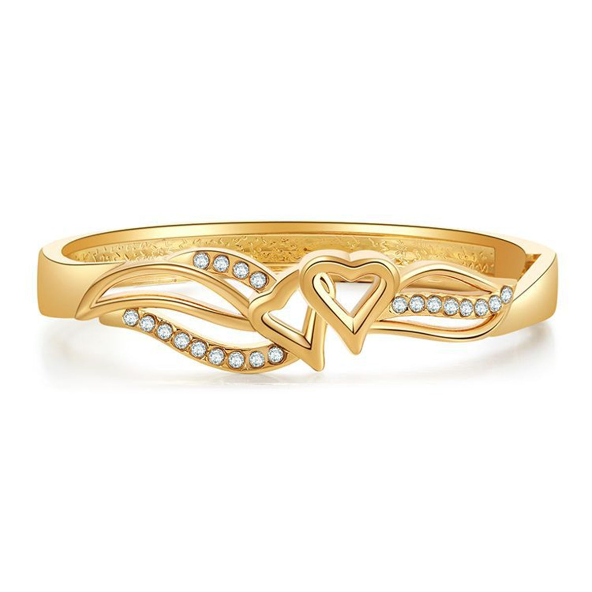 Cubic Zirconia and 18K Gold-Plated Leaves Stacked Heart Hinge Bangle, gold bangle bracelet, botanical inspired, front view