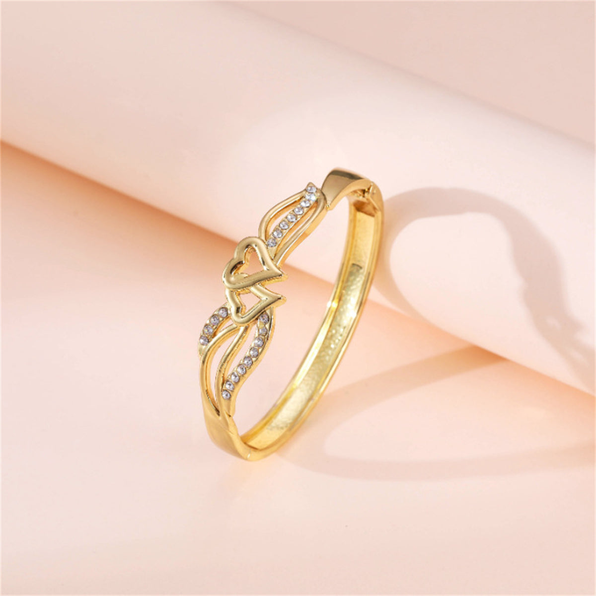 Cubic Zirconia and 18K Gold-Plated Leaves Stacked Heart Hinge Bangle, gold bangle bracelet, botanical inspired, styled look