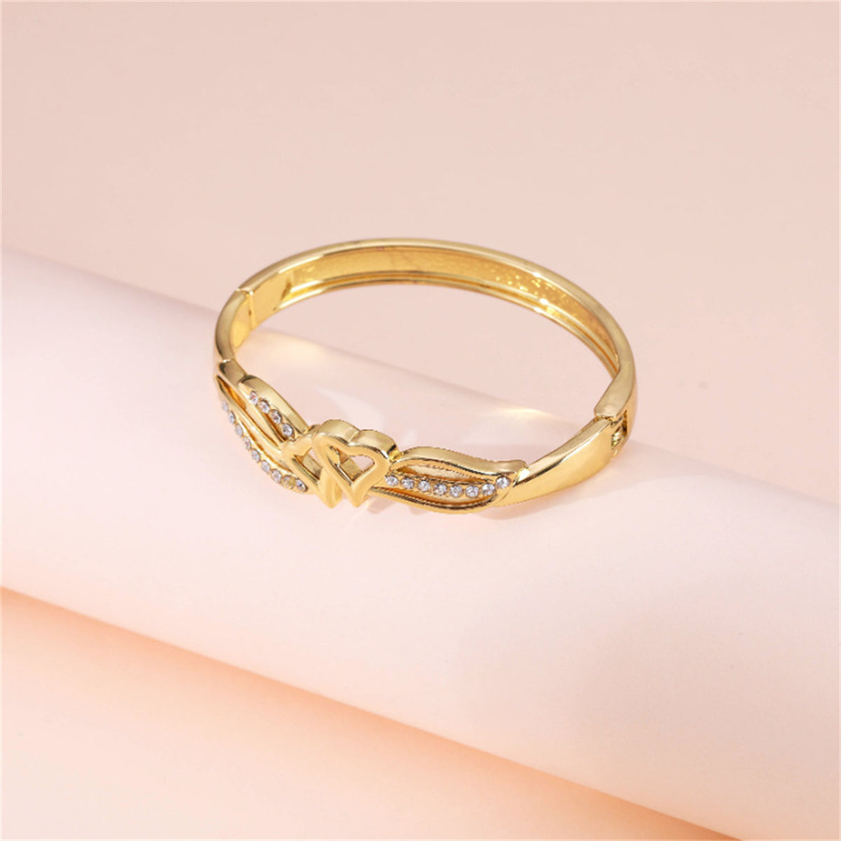 Cubic Zirconia and 18K Gold-Plated Leaves Stacked Heart Hinge Bangle, gold bangle bracelet, botanical inspired, side view