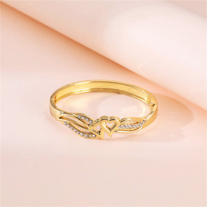 Cubic Zirconia and 18K Gold-Plated Leaves Stacked Heart Hinge Bangle, gold bangle bracelet, lifestyle look