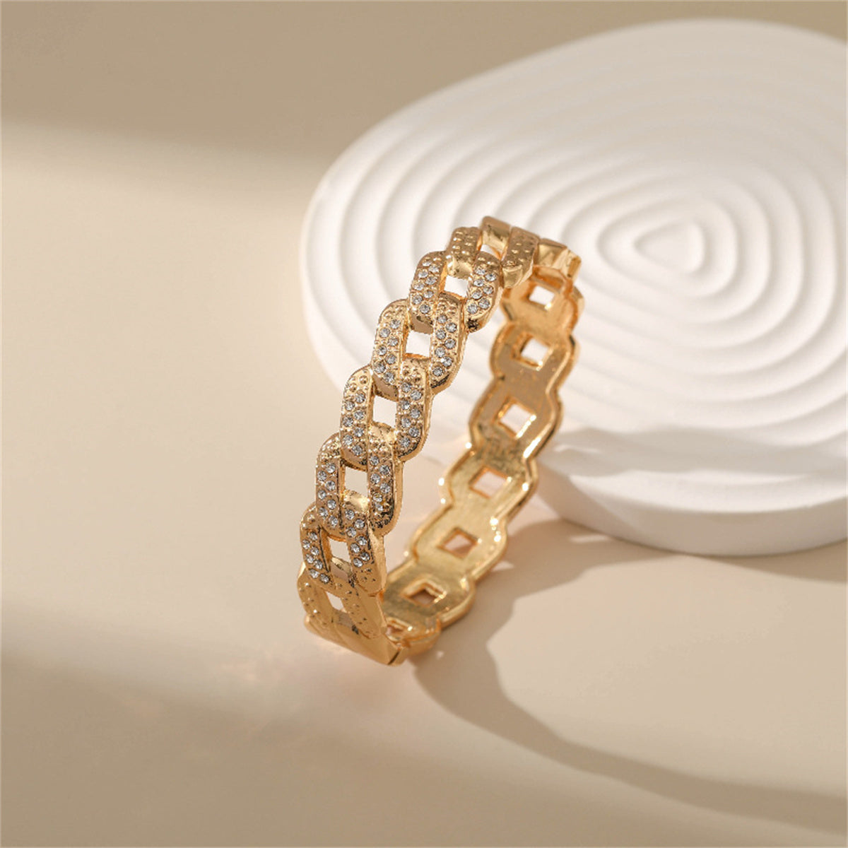 Cubic Zirconia and 18K Gold-Plated Curb Chain Bangle, gold bangle bracelet, dainty minimalist design, detail close-up