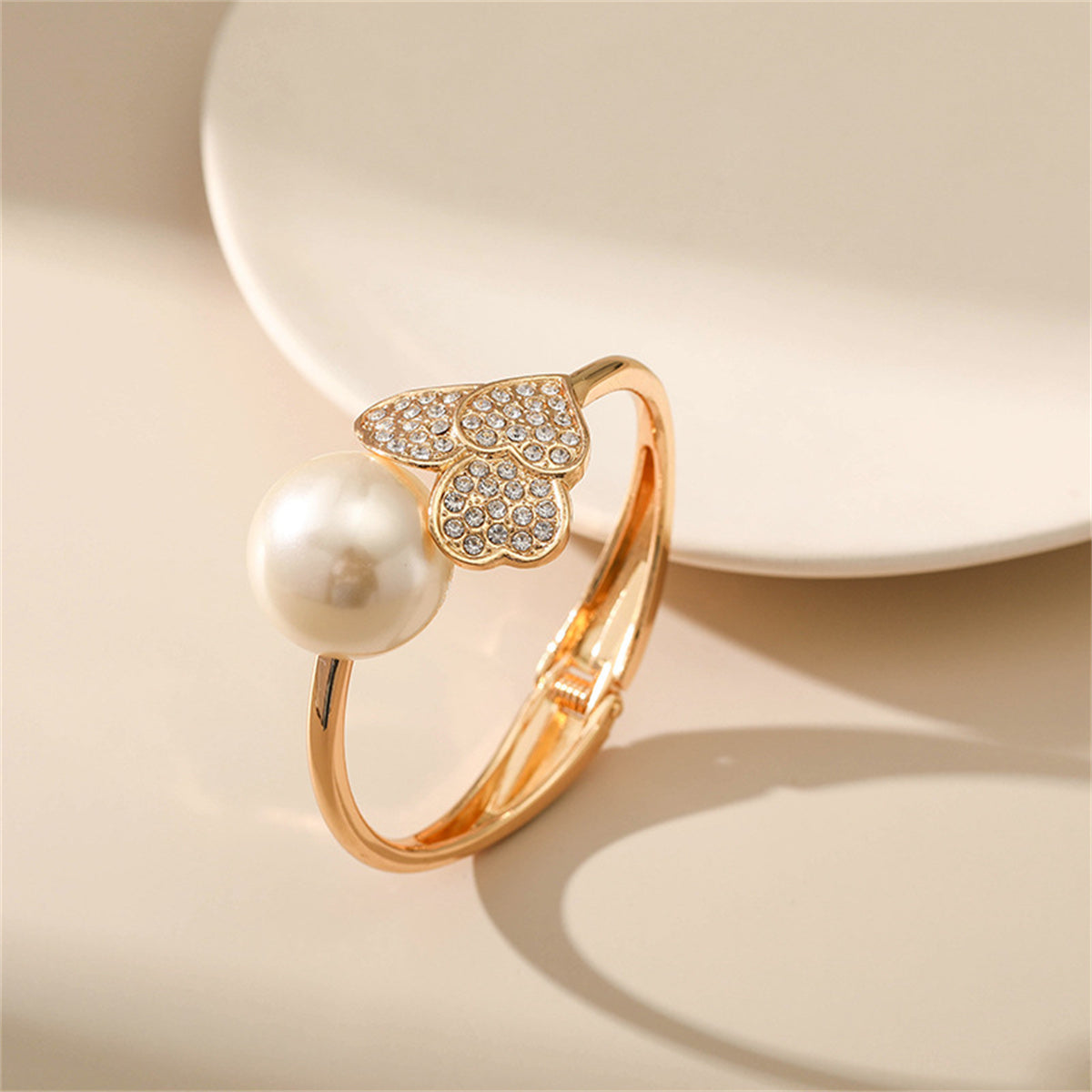 Pearl & Cubic Zirconia 18K Gold-Plated Round Heart Bangle