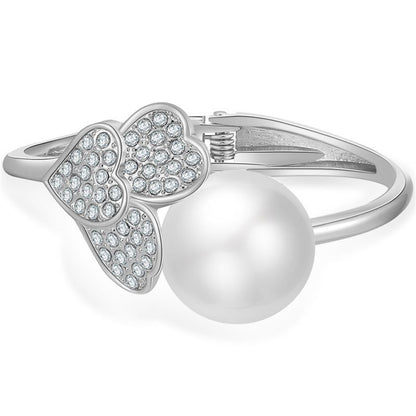 Pearl and Cubic Zirconia Silver-Plated Round Heart Bangle, silver bangle bracelet, dainty minimalist design, front view