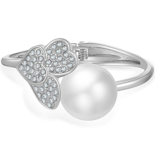 Pearl and Cubic Zirconia Silver-Plated Round Heart Bangle, silver bangle bracelet, dainty minimalist design, front view