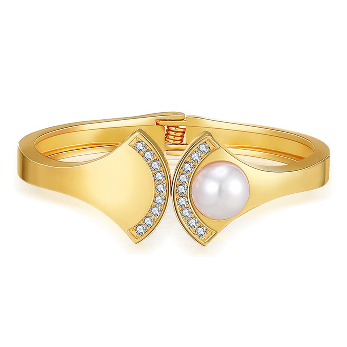 Pearl and Cubic Zirconia 18K Gold-Plated Fan Hinge Bangle, gold bangle bracelet, vintage-inspired design, front view