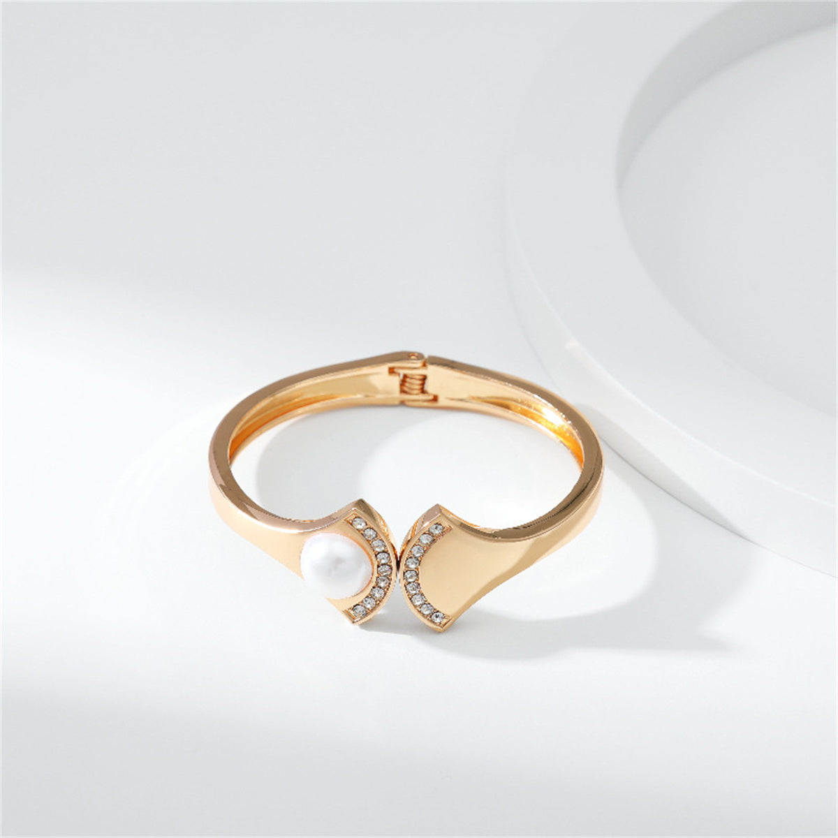 Pearl and Cubic Zirconia 18K Gold-Plated Fan Hinge Bangle, gold bangle bracelet, vintage-inspired design, side view
