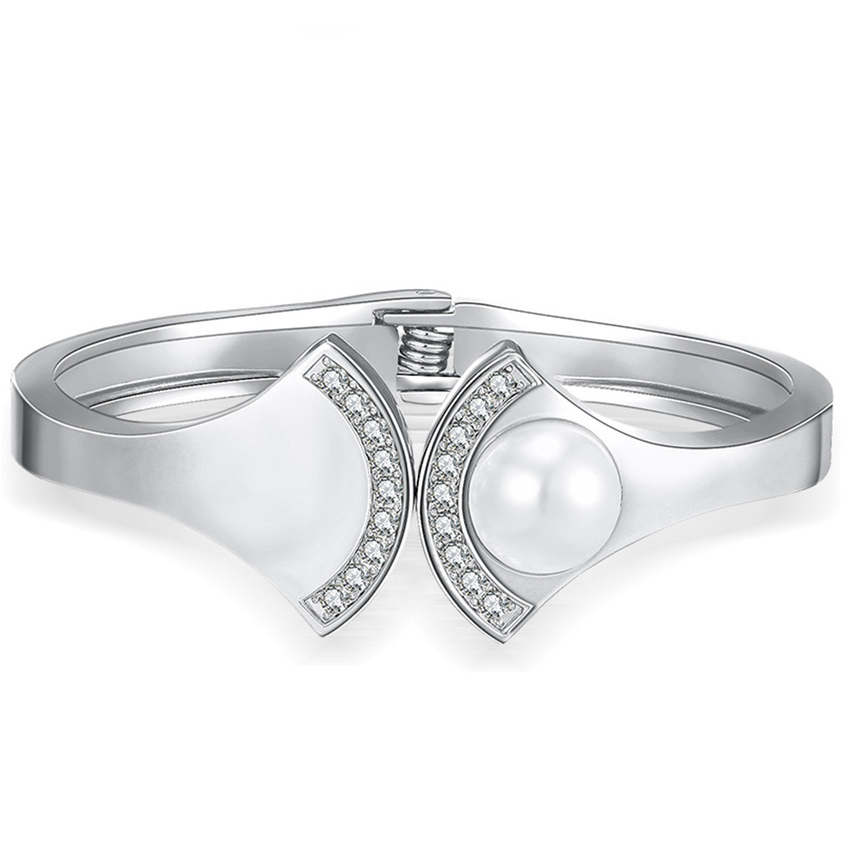 Pearl and Cubic Zirconia Silver-Plated Fan Hinge Bangle, silver bangle bracelet, vintage-inspired design, front view