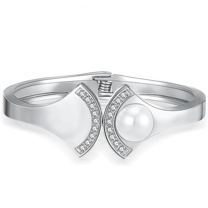 Pearl and Cubic Zirconia Silver-Plated Fan Hinge Bangle, silver bangle bracelet, vintage-inspired design, front view