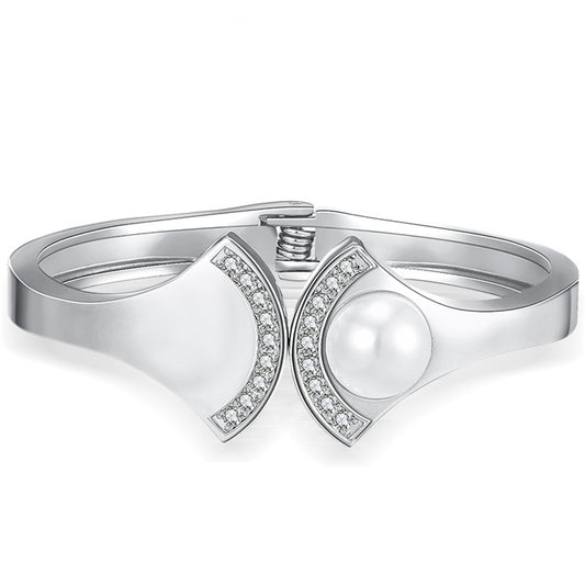 Pearl and Cubic Zirconia Silver-Plated Fan Hinge Bangle, silver bangle bracelet, vintage-inspired design, front view