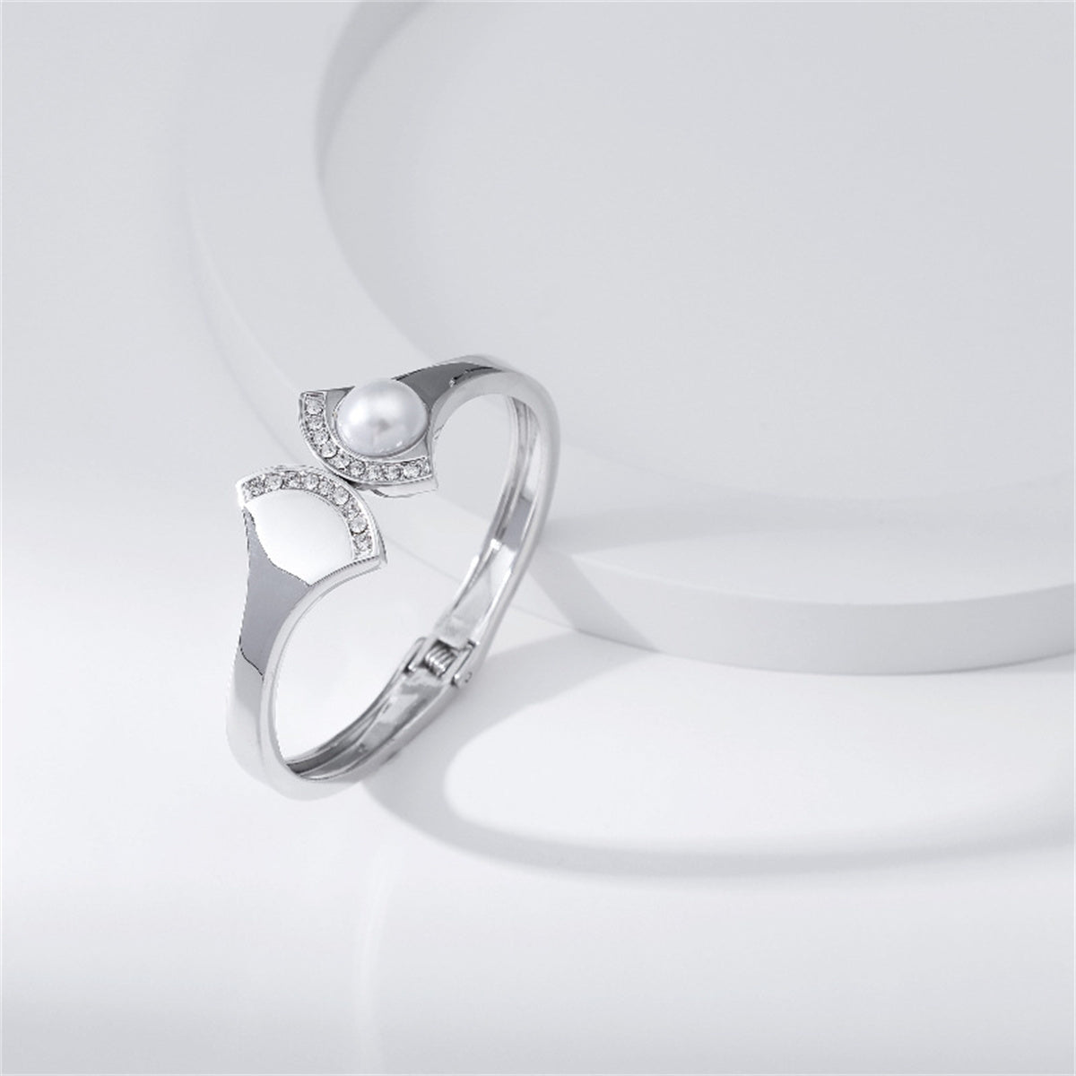 Pearl and Cubic Zirconia Silver-Plated Fan Hinge Bangle, silver bangle bracelet, vintage-inspired design, side view