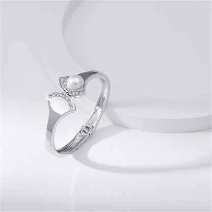 Pearl and Cubic Zirconia Silver-Plated Fan Hinge Bangle, silver bangle bracelet, vintage-inspired design, side view