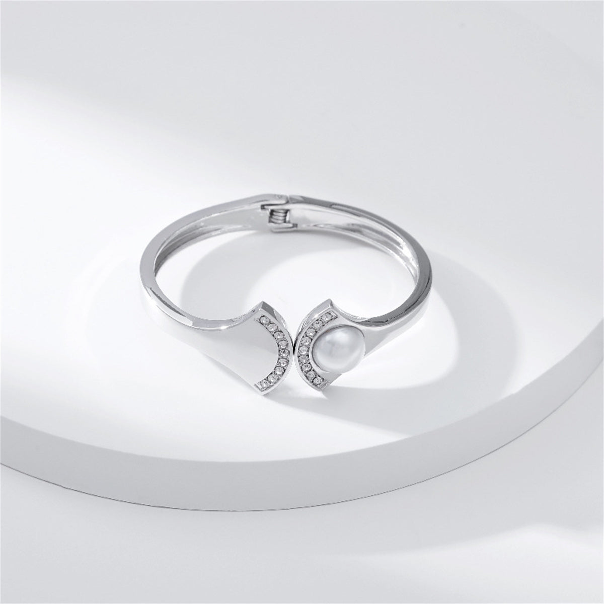 Pearl and Cubic Zirconia Silver-Plated Fan Hinge Bangle, silver bangle bracelet, vintage-inspired design, lifestyle look