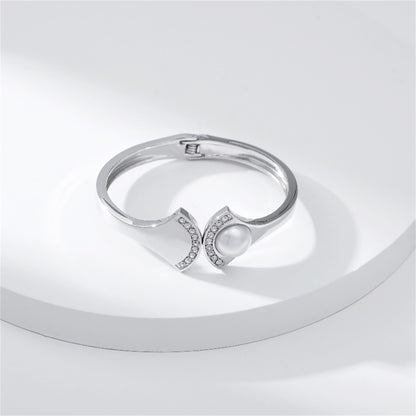 Pearl and Cubic Zirconia Silver-Plated Fan Hinge Bangle, silver bangle bracelet, vintage-inspired design, lifestyle look