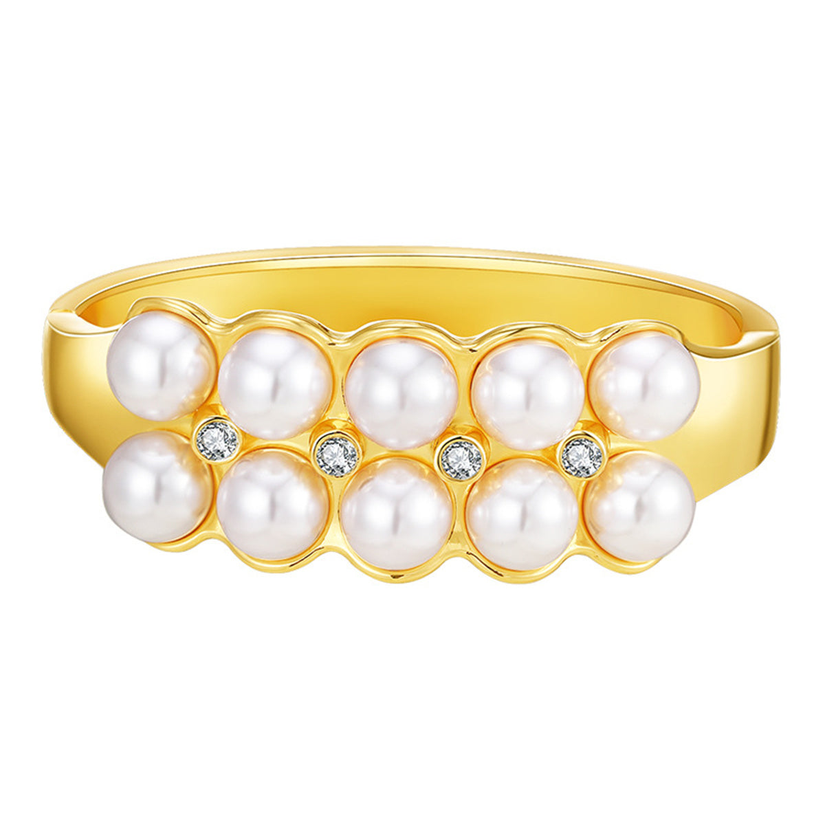 Pearl and Cubic Zirconia 18K Gold-Plated Bangle, gold bangle bracelet, vintage-inspired design, front view
