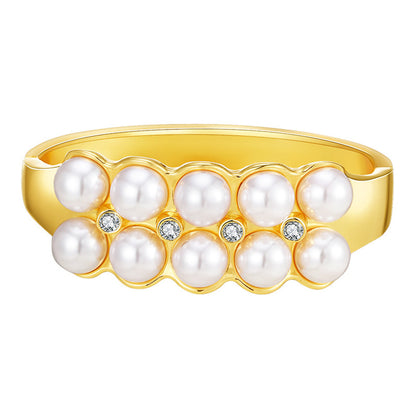 Pearl and Cubic Zirconia 18K Gold-Plated Bangle, gold bangle bracelet, vintage-inspired design, front view