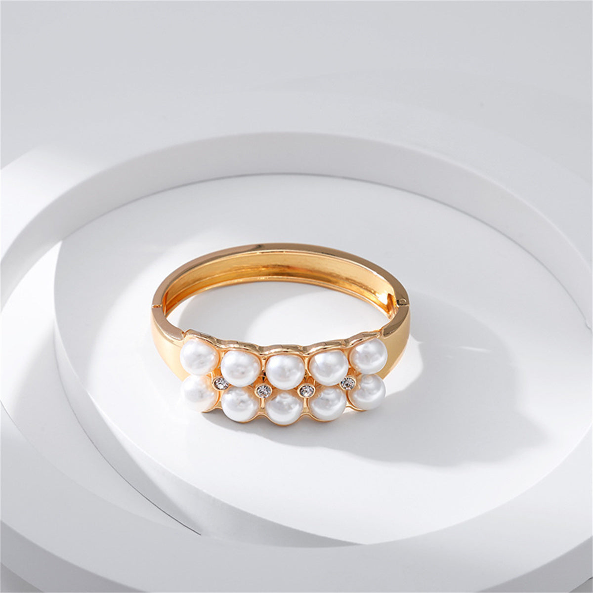 Pearl and Cubic Zirconia 18K Gold-Plated Bangle, gold bangle bracelet, vintage-inspired design, side view