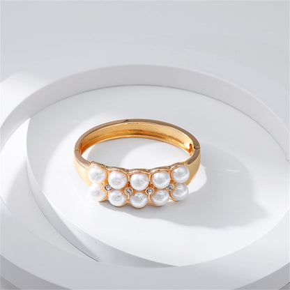 Pearl and Cubic Zirconia 18K Gold-Plated Bangle, gold bangle bracelet, vintage-inspired design, side view