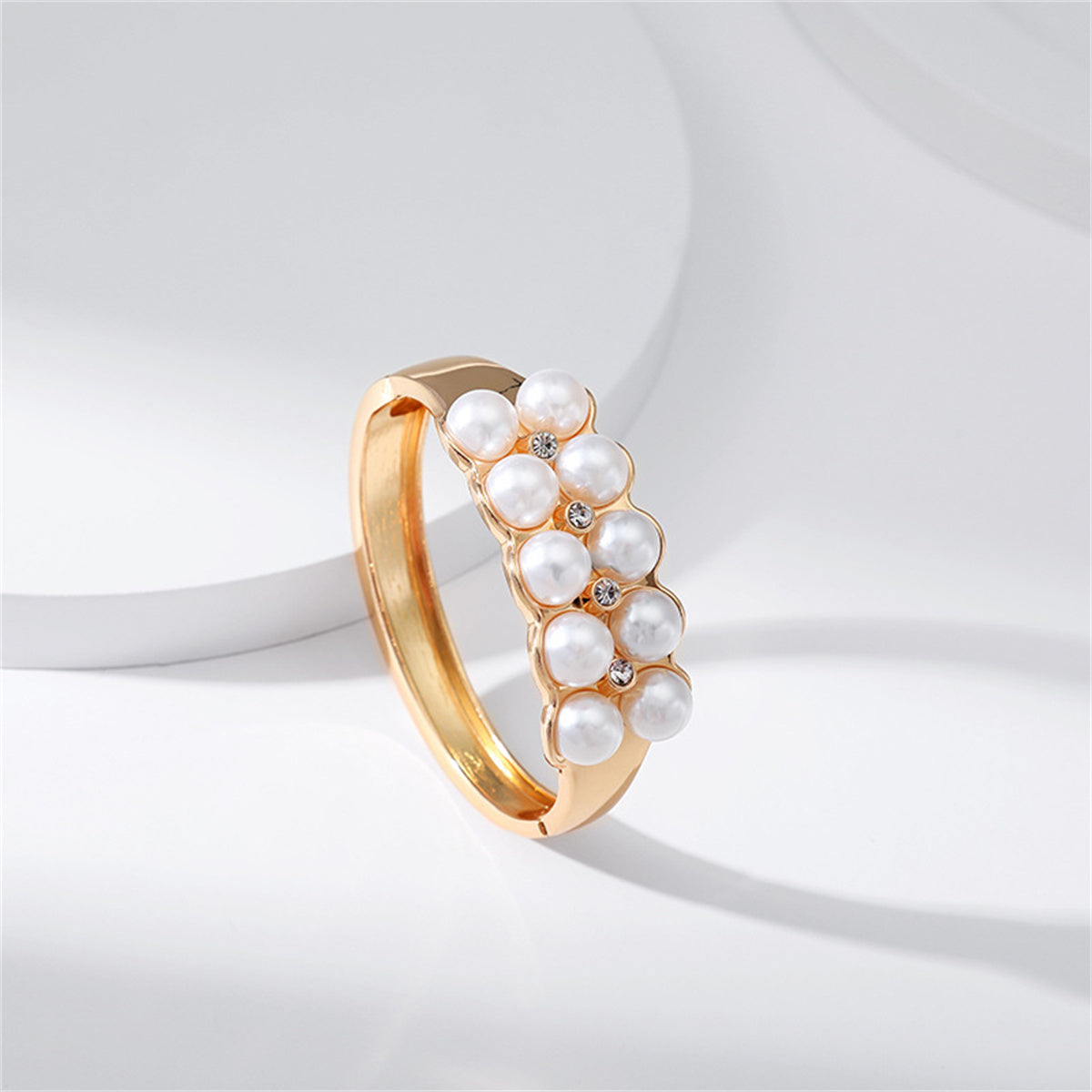 Pearl and Cubic Zirconia 18K Gold-Plated Bangle, gold bangle bracelet, vintage-inspired design, detail close-up