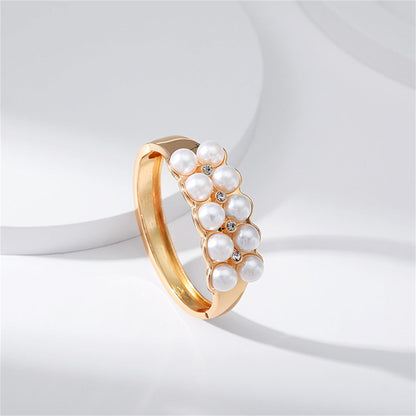Pearl and Cubic Zirconia 18K Gold-Plated Bangle, gold bangle bracelet, vintage-inspired design, detail close-up