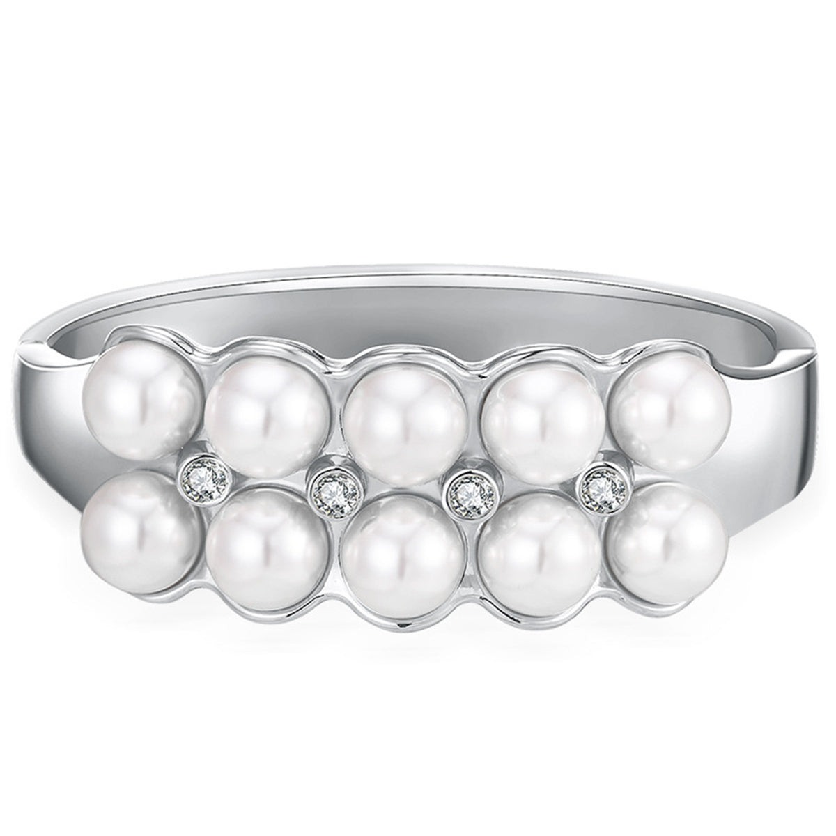 Pearl and Cubic Zirconia Silver-Plated Layered Bangle, silver bangle bracelet, elegant gift for her, front view