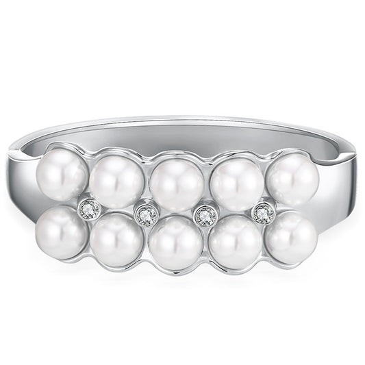 Pearl and Cubic Zirconia Silver-Plated Layered Bangle, silver bangle bracelet, elegant gift for her, front view