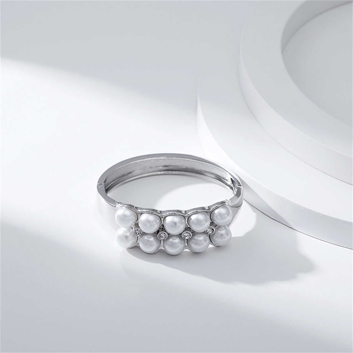 Pearl and Cubic Zirconia Silver-Plated Layered Bangle, silver bangle bracelet, elegant gift for her, detail close-up