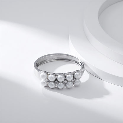Pearl and Cubic Zirconia Silver-Plated Layered Bangle, silver bangle bracelet, elegant gift for her, detail close-up