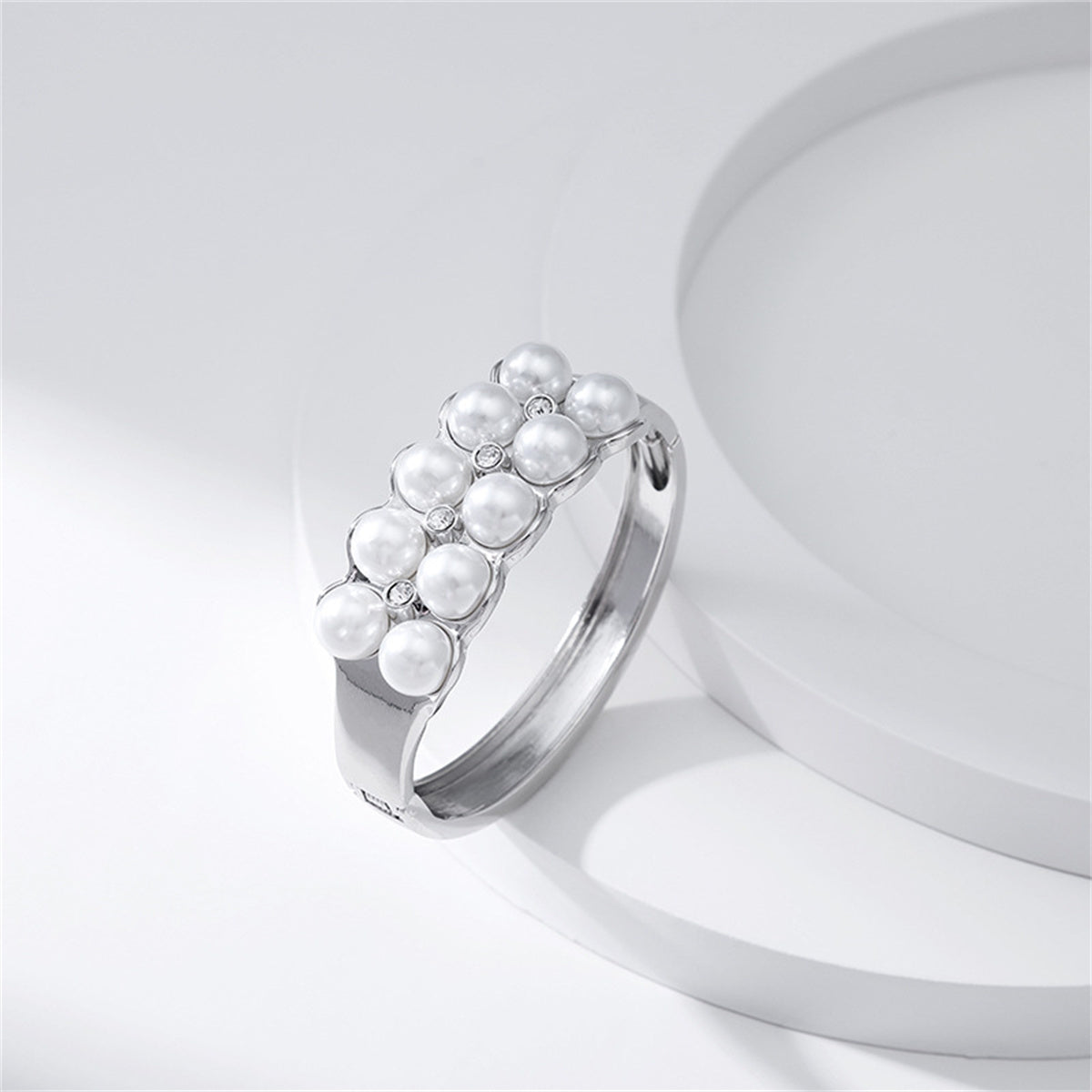 Pearl and Cubic Zirconia Silver-Plated Layered Bangle, silver bangle bracelet, elegant gift for her, lifestyle look