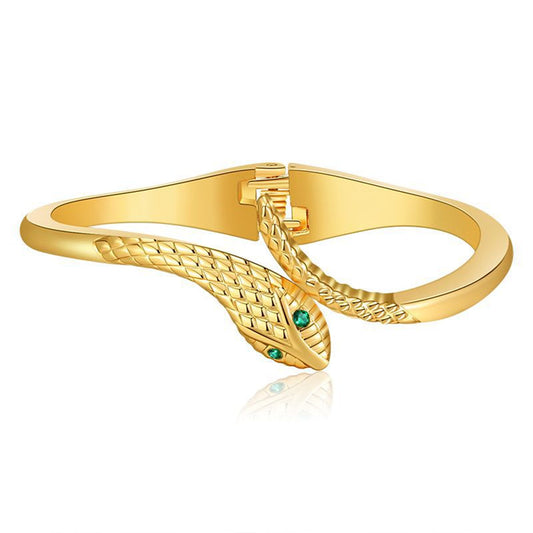 Green Cubic Zirconia and 18K Gold-Plated Snake Bypass Hinge Bangle, gold bangle bracelet, front view