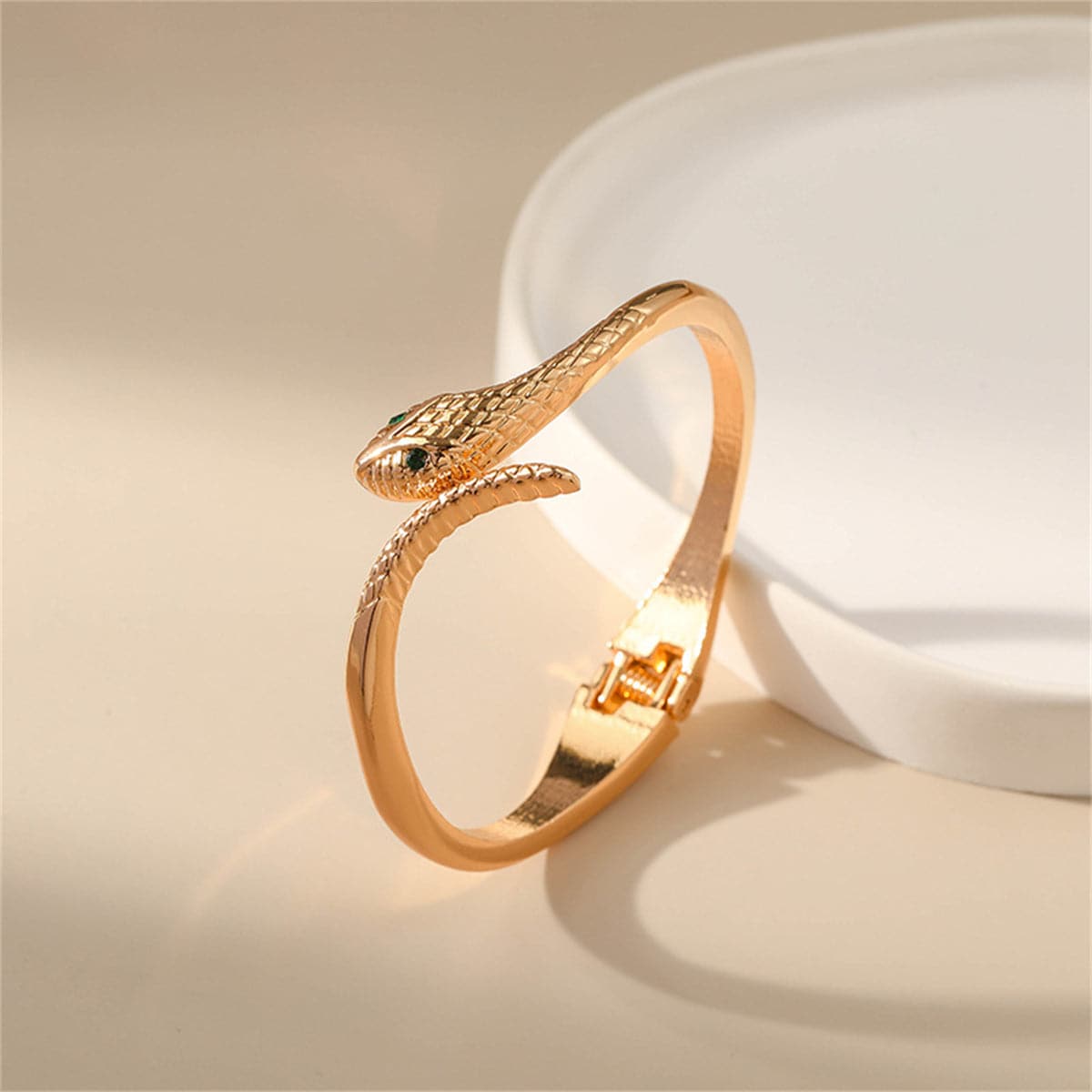 Green Cubic Zirconia and 18K Gold-Plated Snake Bypass Hinge Bangle, gold bangle bracelet, dainty minimalist design, side view