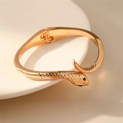 Green Cubic Zirconia and 18K Gold-Plated Snake Bypass Hinge Bangle, gold bangle bracelet, detail close-up