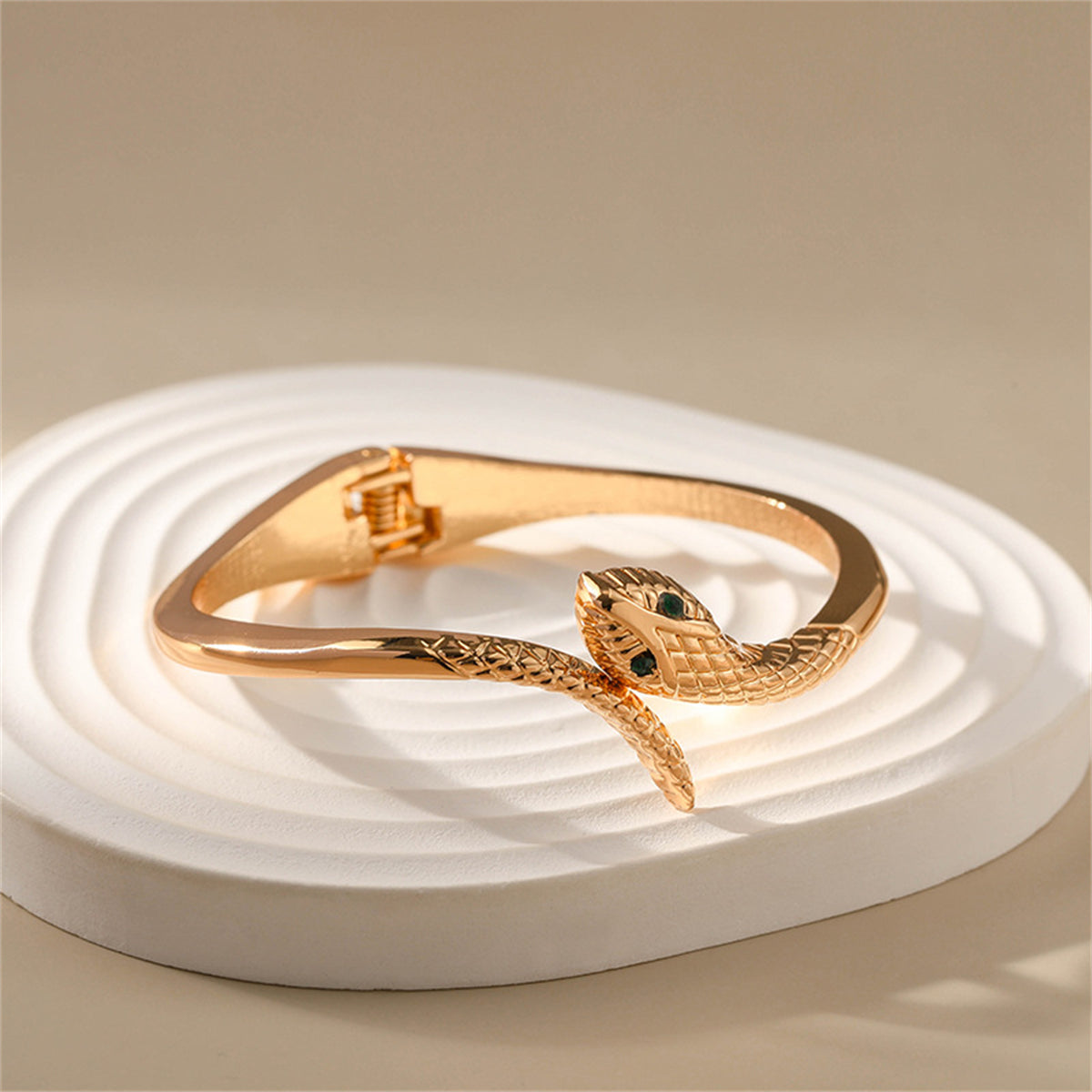Green Cubic Zirconia and 18K Gold-Plated Snake Bypass Hinge Bangle, gold bangle bracelet, lifestyle look