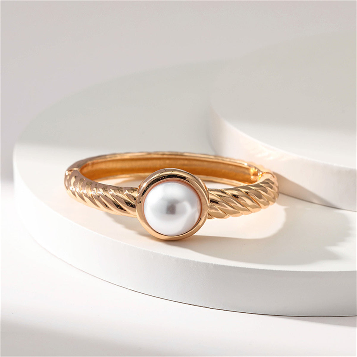 Pearl and 18K Gold-Plated Twine Bangle, gold bangle bracelet, vintage-inspired design, side view