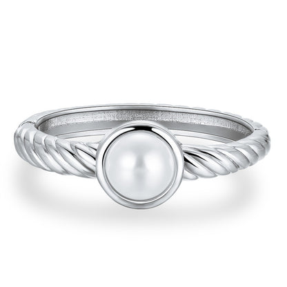Pearl and Silver-Plated Twine Bangle, silver bangle bracelet, dainty minimalist design, front view
