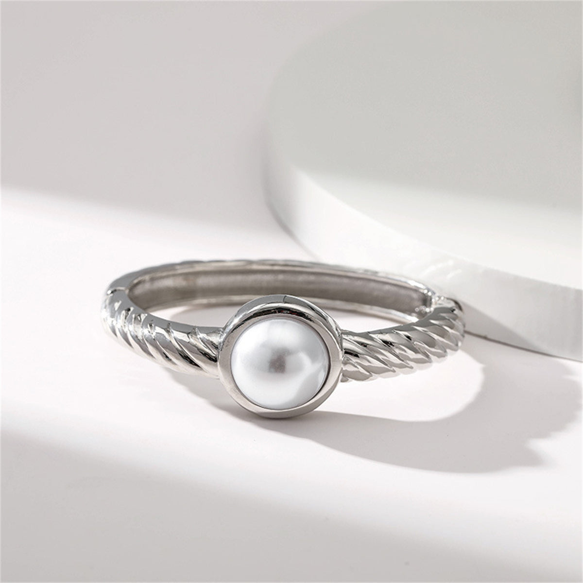 Pearl and Silver-Plated Twine Bangle, silver bangle bracelet, dainty minimalist design, side view