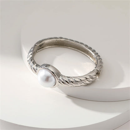 Pearl and Silver-Plated Twine Bangle, silver bangle bracelet, dainty minimalist design, styled look