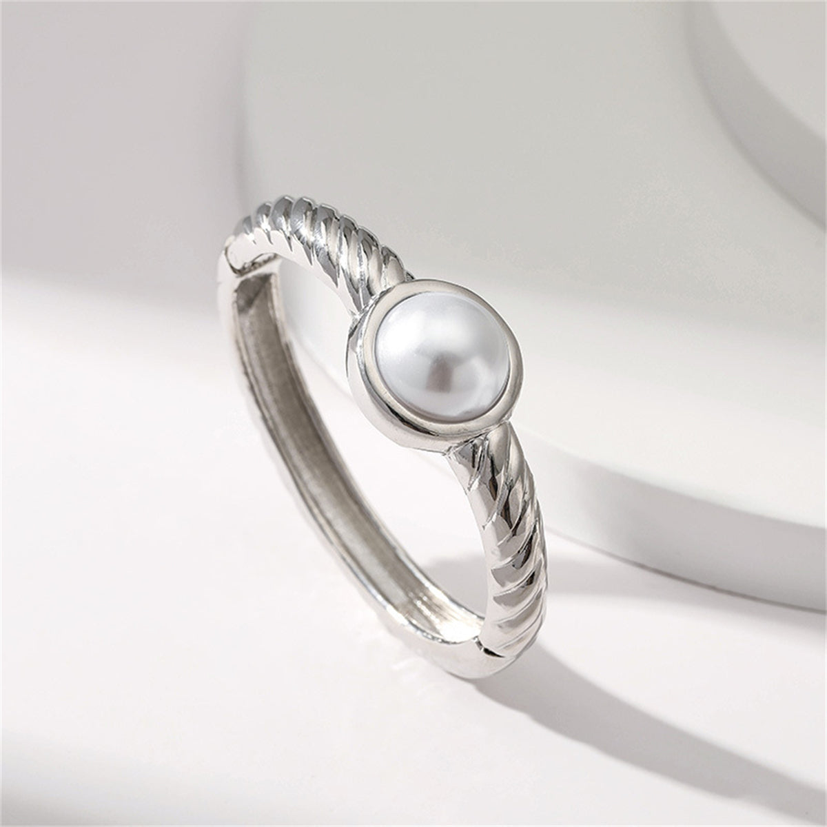 Pearl and Silver-Plated Twine Bangle, silver bangle bracelet, dainty minimalist design, detail close-up
