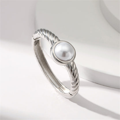 Pearl and Silver-Plated Twine Bangle, silver bangle bracelet, dainty minimalist design, detail close-up