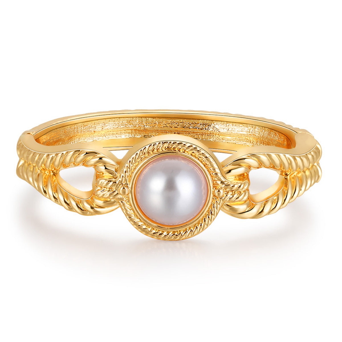 Pearl and 18K Gold-Plated Wing Bangle, gold bangle bracelet, vintage-inspired design, front view