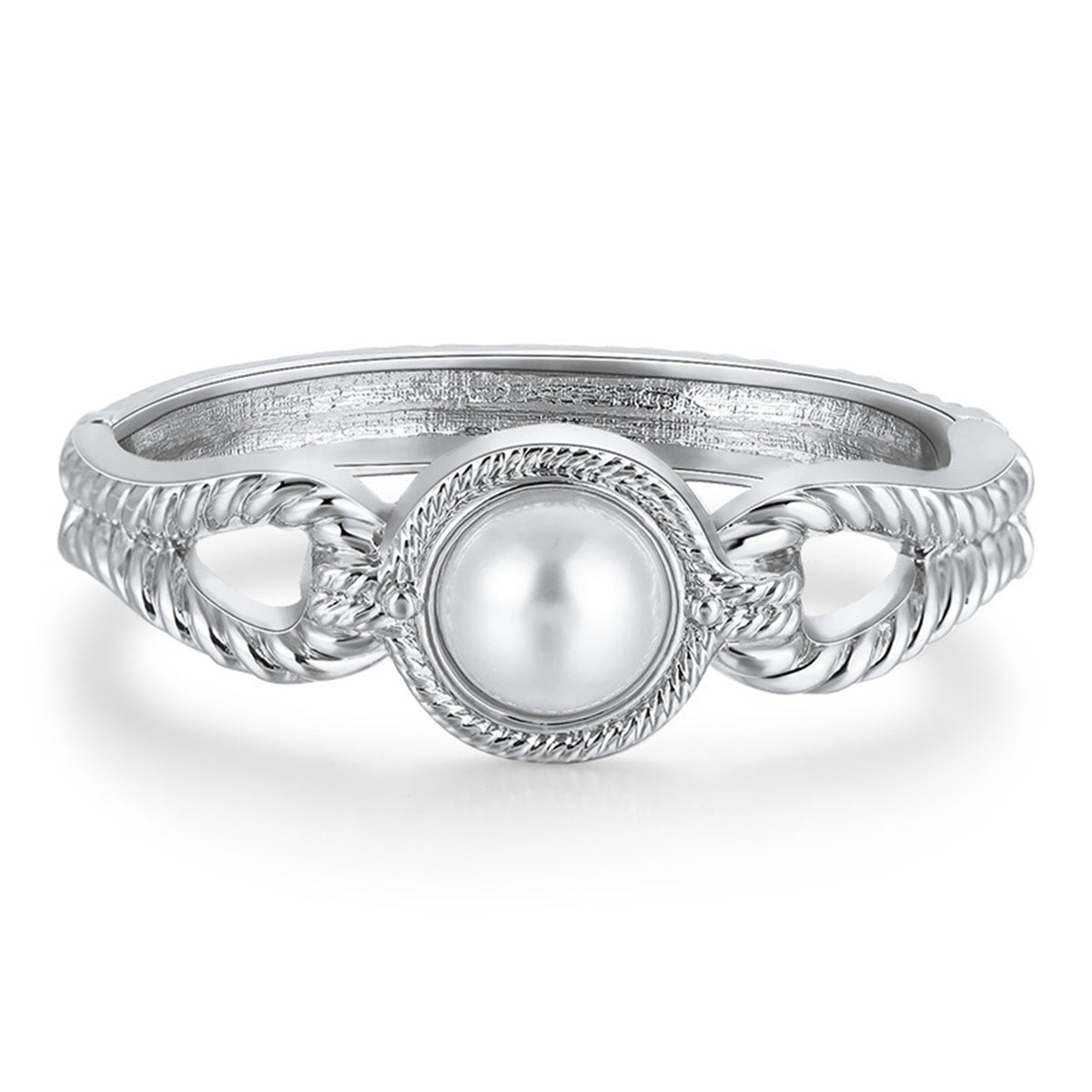 Pearl and Silver-Plated Wing Bangle, silver bangle bracelet, vintage-inspired design, front view