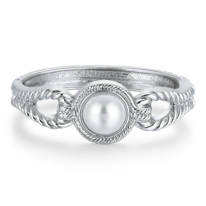 Pearl and Silver-Plated Wing Bangle, silver bangle bracelet, vintage-inspired design, front view