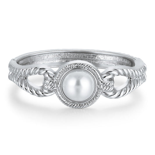 Pearl and Silver-Plated Wing Bangle, silver bangle bracelet, vintage-inspired design, front view